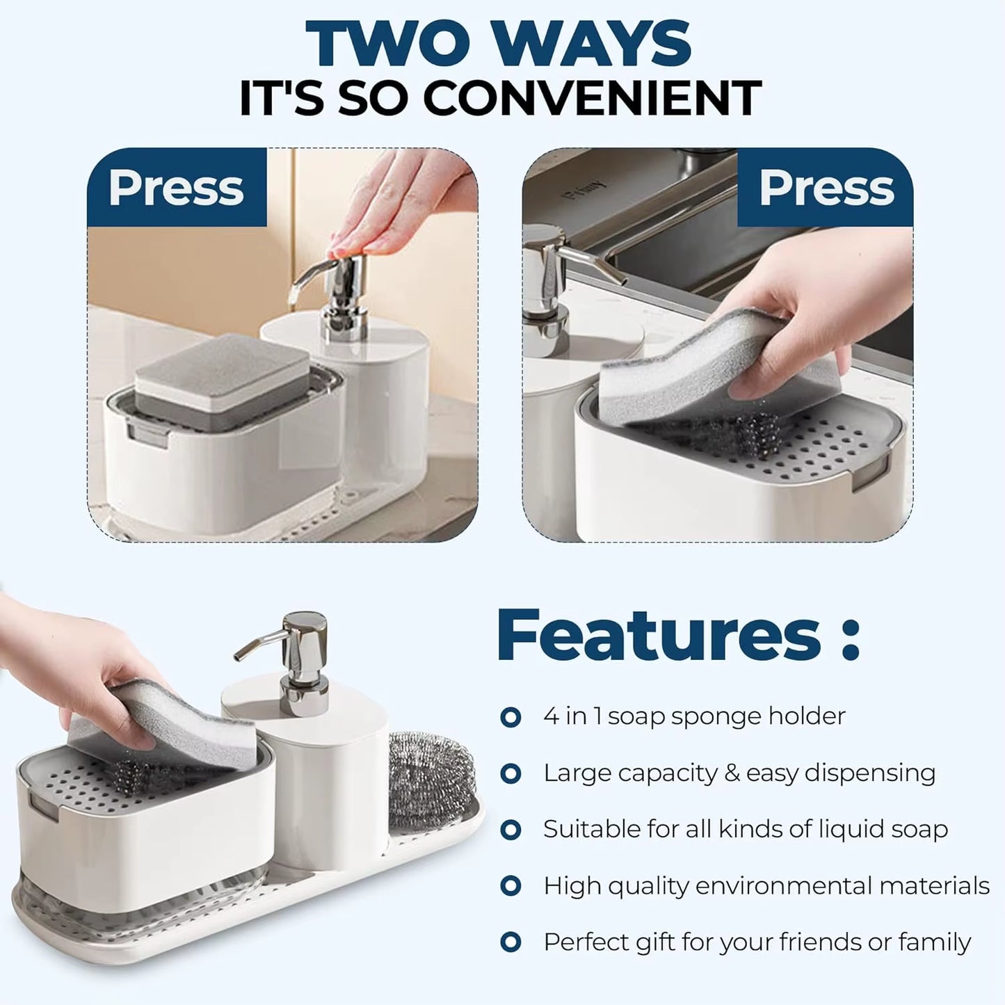 (Long Style B) 4-In-1 Dish and Hand Soap Dispenser - Convenient Kitchen Sink Organizer with Tray and Sponge Holder
