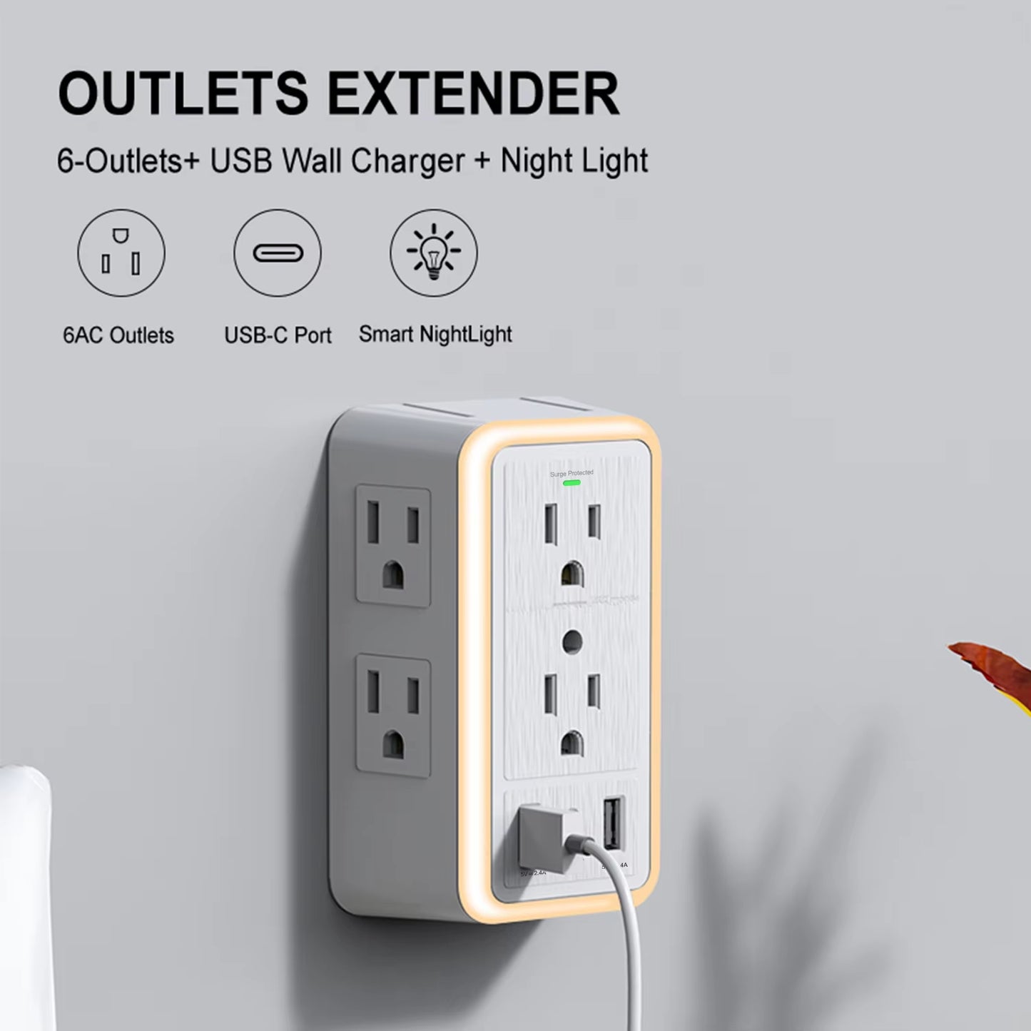 USB Wall Charger Surge Protector 6 Outlet Extender with 3 USB Charging Ports (1 USB C Outlet)And Night Light for Home, Office