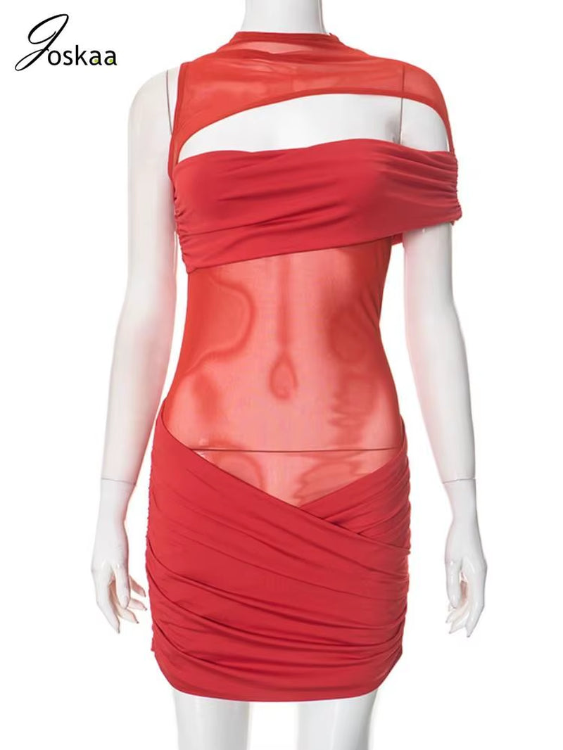 Sexy Hollow Out Mesh Patchwork Mini Dress Women See through O-Neck Ruched Body-Shaping Vestidos 2025 Midnight Clubwear