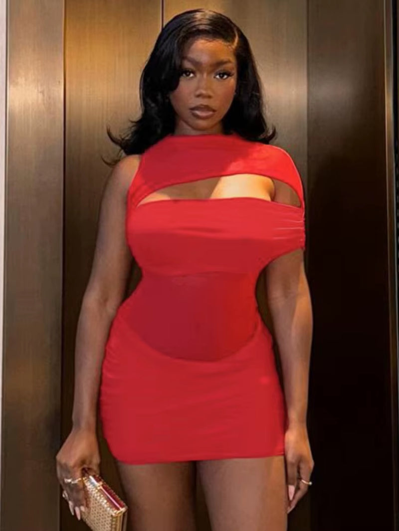 Sexy Hollow Out Mesh Patchwork Mini Dress Women See through O-Neck Ruched Body-Shaping Vestidos 2025 Midnight Clubwear