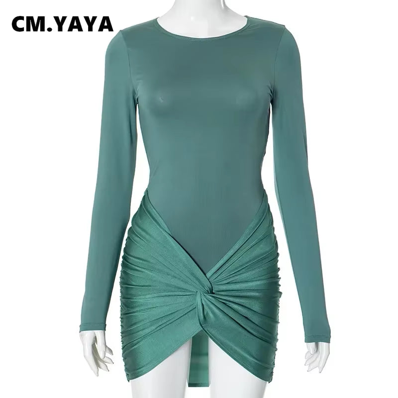 Women Full Sleeve O-Neck Ruched Bodycon Mini Dress 2024 Fall Sexy Night Club Street Party Evening Dresses Vestidos