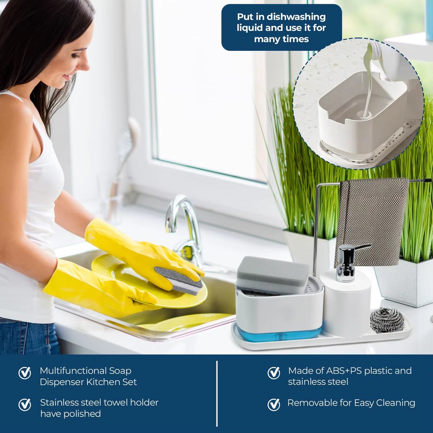 (Long Style B) 4-In-1 Dish and Hand Soap Dispenser - Convenient Kitchen Sink Organizer with Tray and Sponge Holder