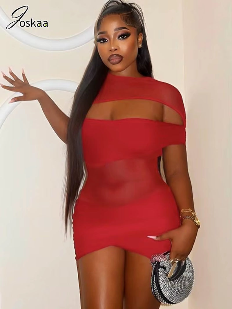 Sexy Hollow Out Mesh Patchwork Mini Dress Women See through O-Neck Ruched Body-Shaping Vestidos 2025 Midnight Clubwear