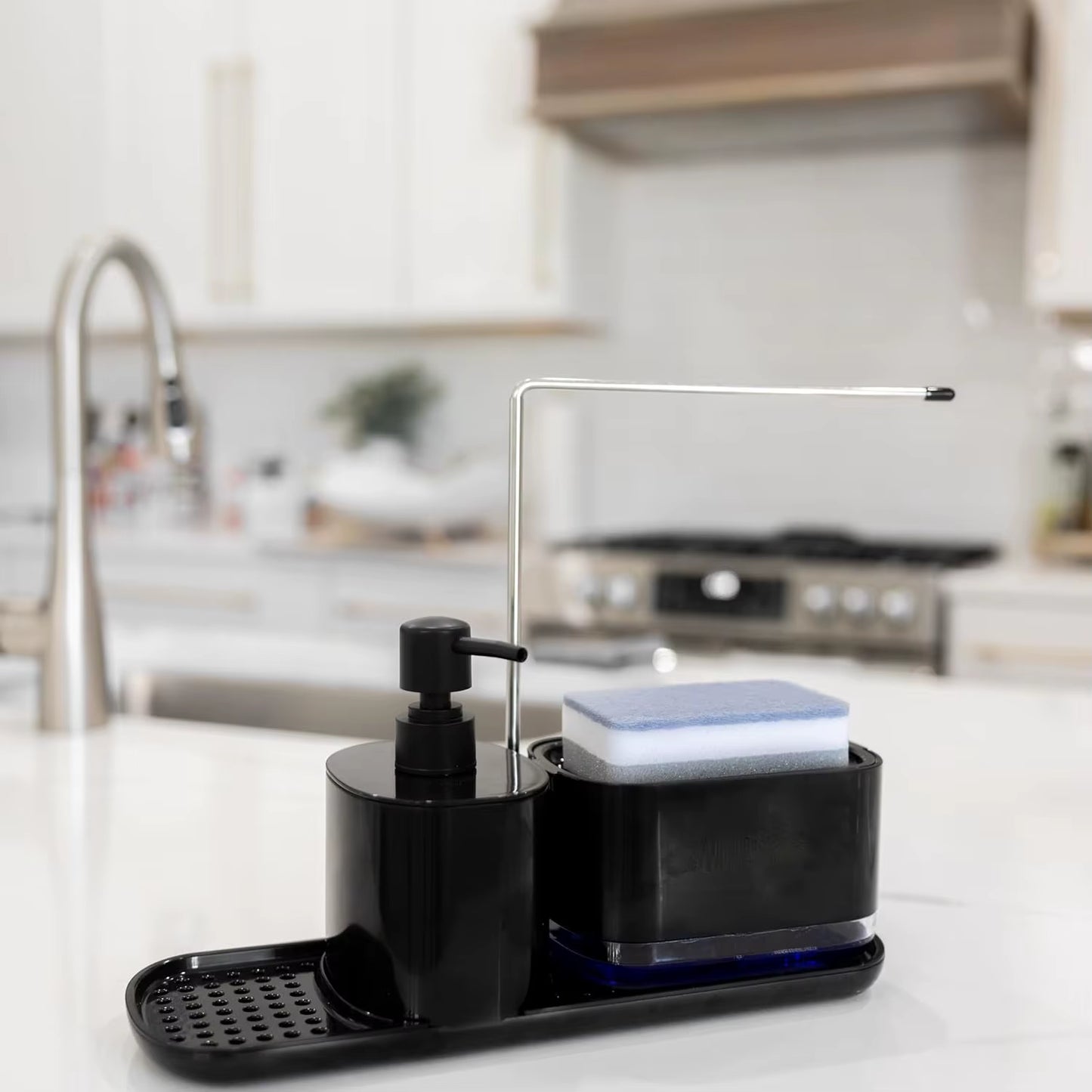 (Long Style B) 4-In-1 Dish and Hand Soap Dispenser - Convenient Kitchen Sink Organizer with Tray and Sponge Holder