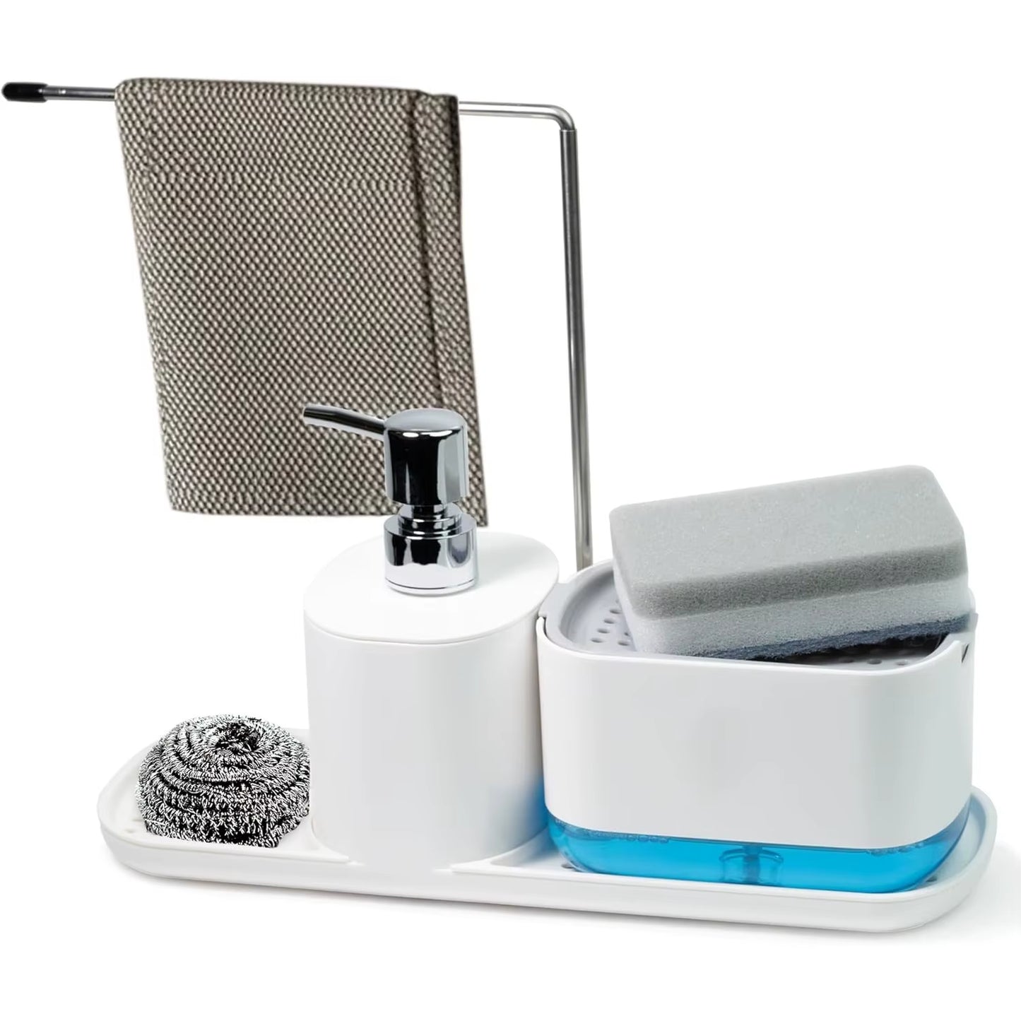 (Long Style B) 4-In-1 Dish and Hand Soap Dispenser - Convenient Kitchen Sink Organizer with Tray and Sponge Holder