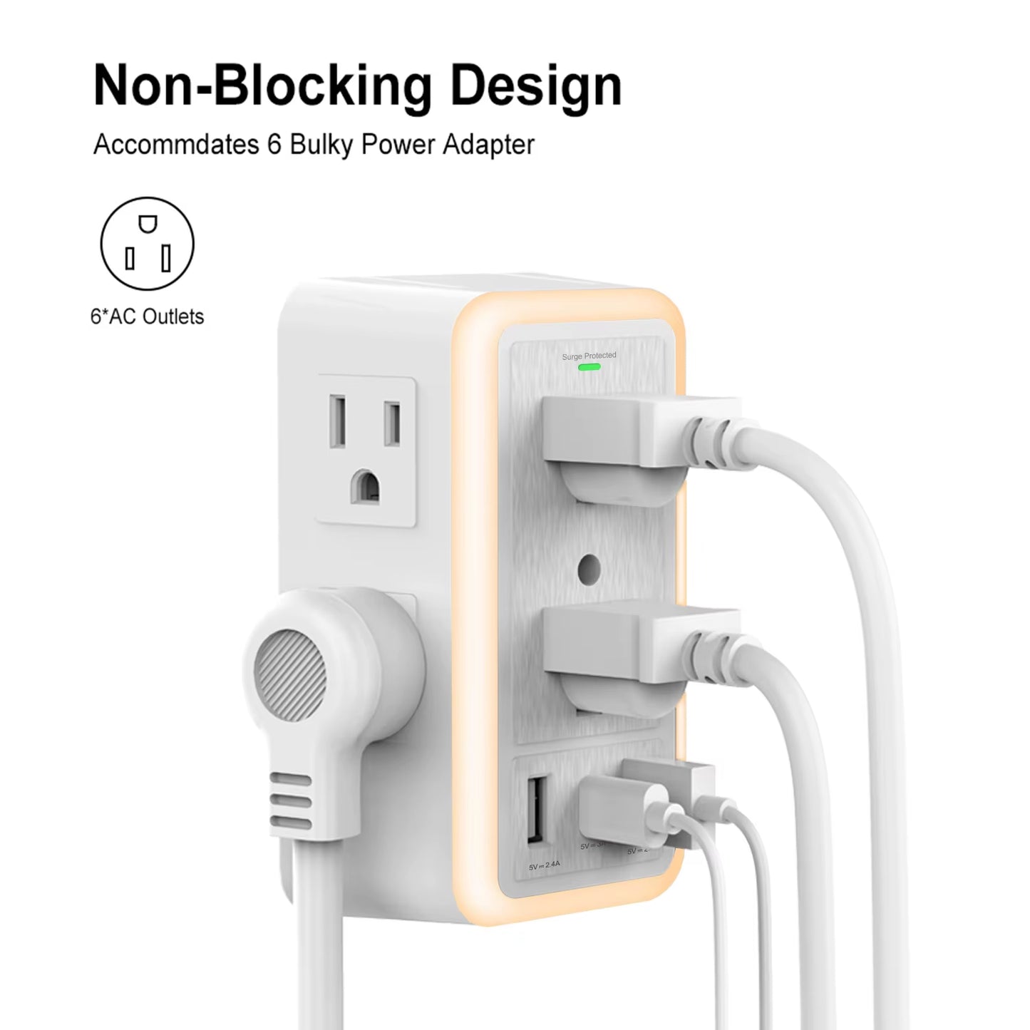 USB Wall Charger Surge Protector 6 Outlet Extender with 3 USB Charging Ports (1 USB C Outlet)And Night Light for Home, Office