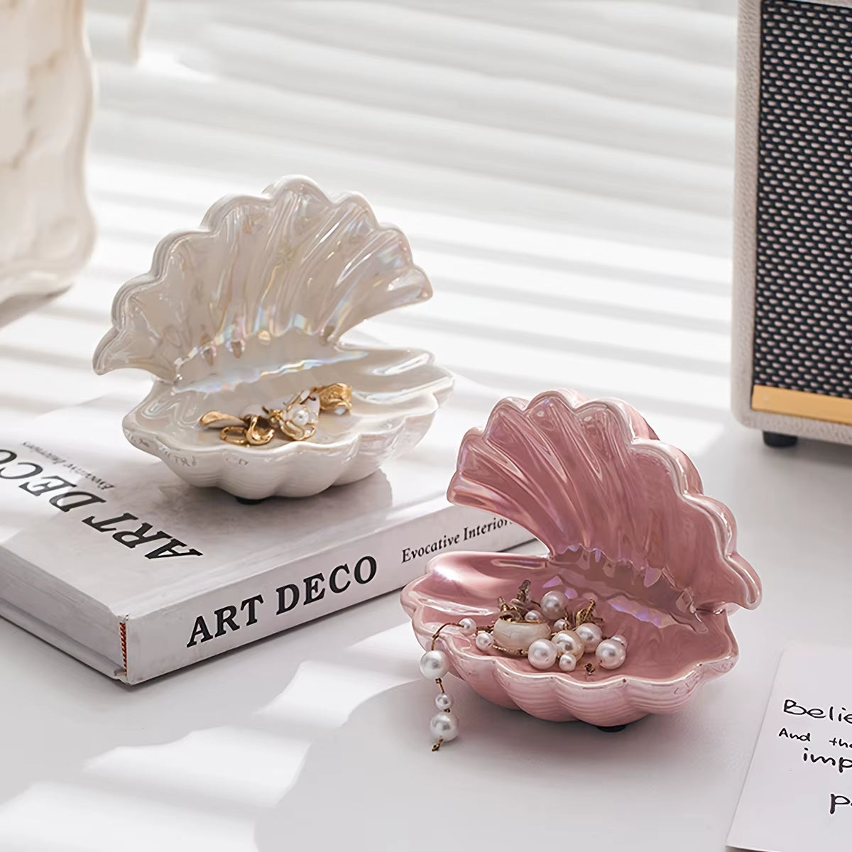 Pink Shell Ceramic Jewelry Tray – Elegant Home Decor Organizer for Rings Earrings Necklaces Keys Artistic Vanity Accessory Dish