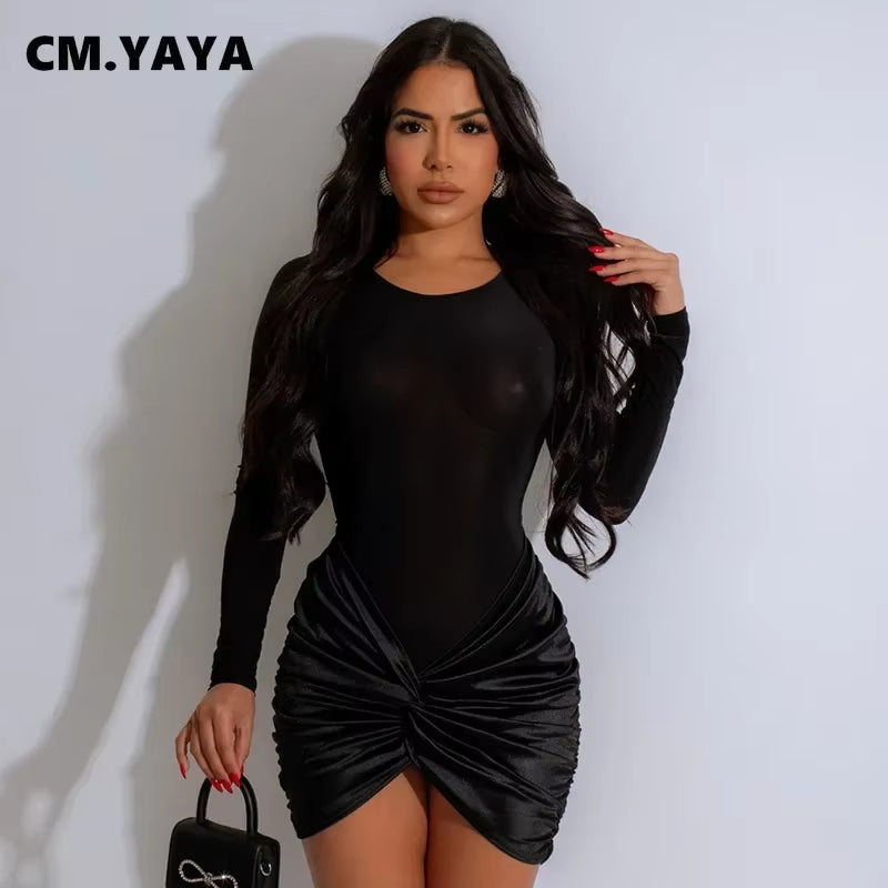Women Full Sleeve O-Neck Ruched Bodycon Mini Dress 2024 Fall Sexy Night Club Street Party Evening Dresses Vestidos