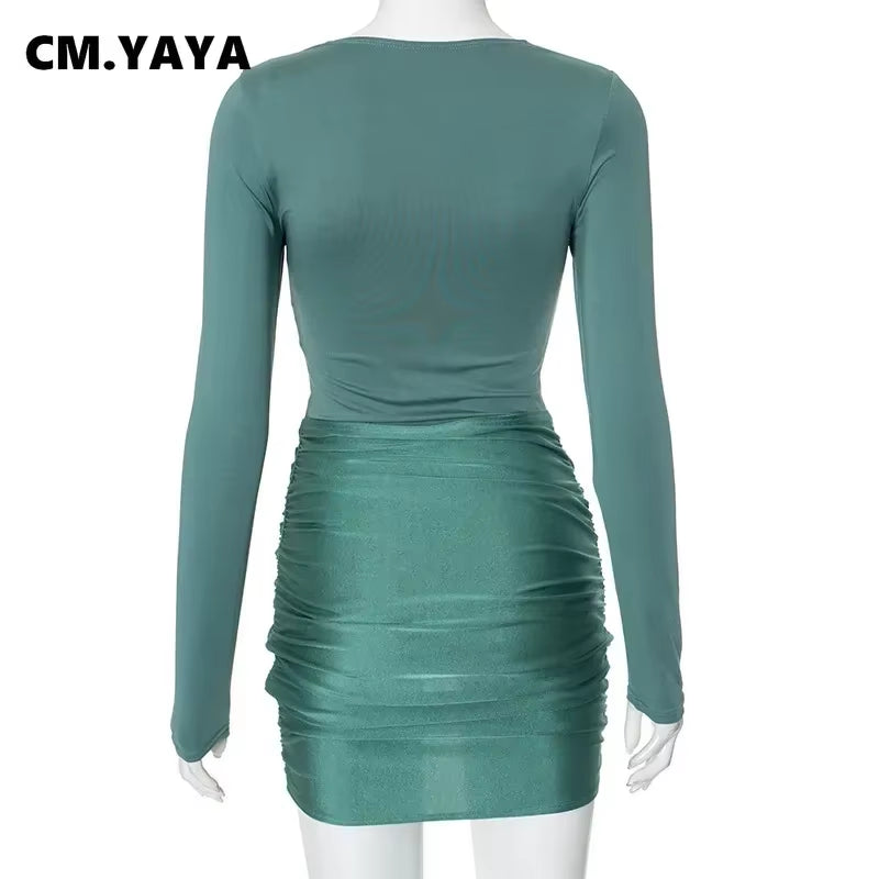 Women Full Sleeve O-Neck Ruched Bodycon Mini Dress 2024 Fall Sexy Night Club Street Party Evening Dresses Vestidos