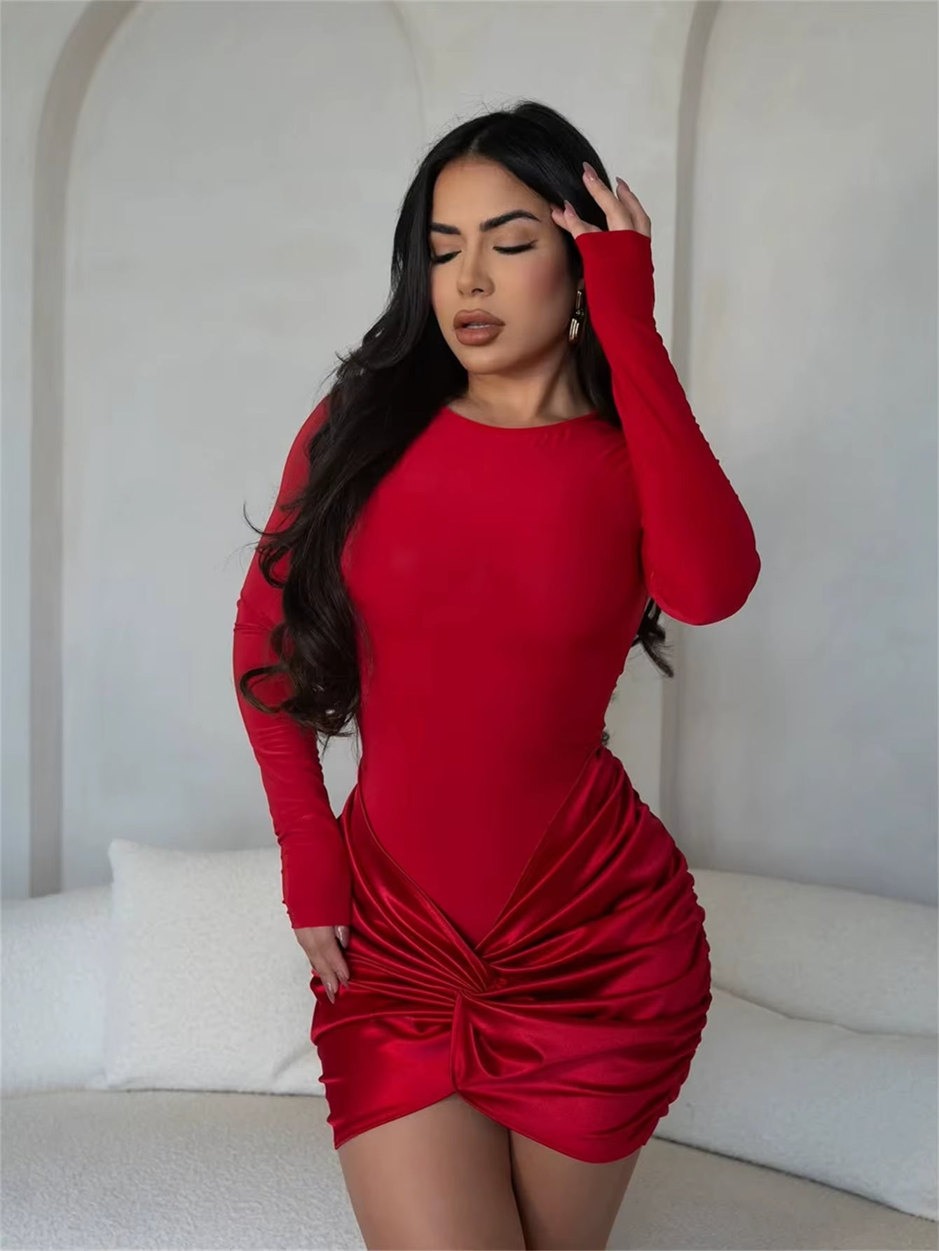 Women Full Sleeve O-Neck Ruched Bodycon Mini Dress 2024 Fall Sexy Night Club Street Party Evening Dresses Vestidos