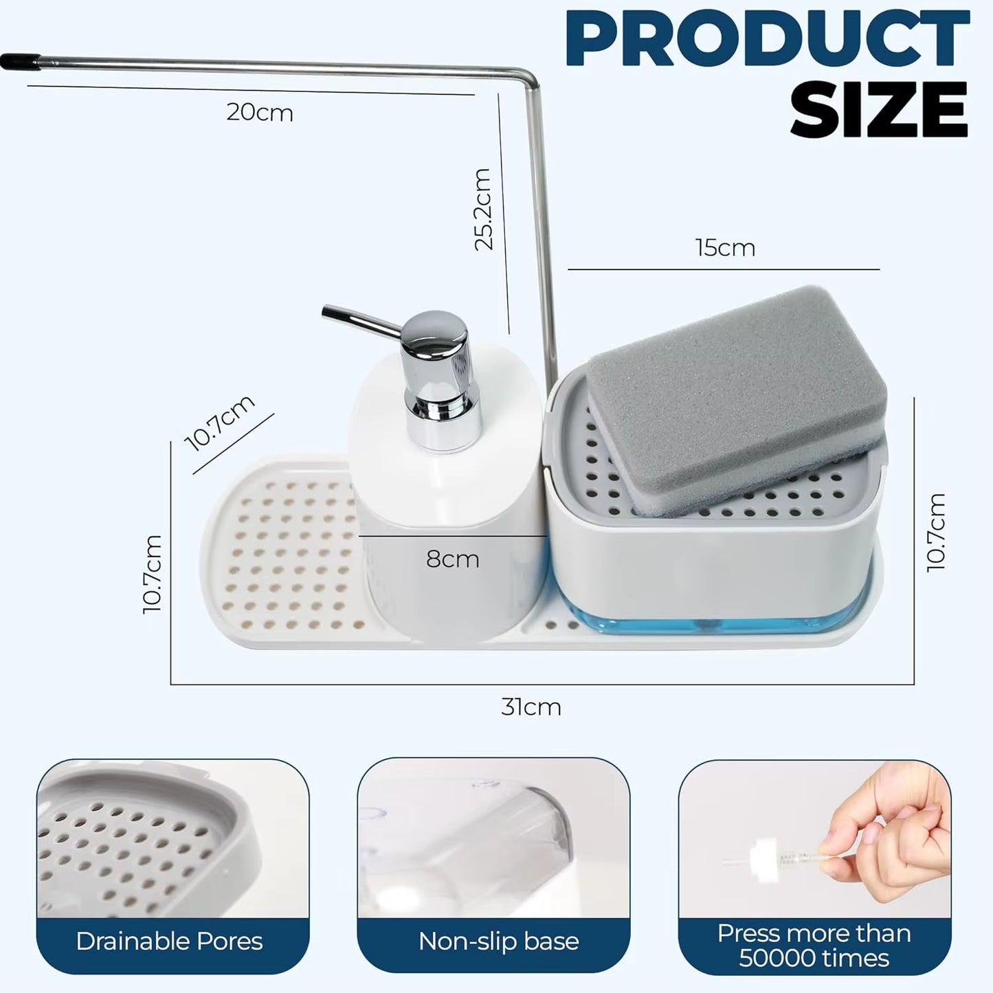 (Long Style B) 4-In-1 Dish and Hand Soap Dispenser - Convenient Kitchen Sink Organizer with Tray and Sponge Holder
