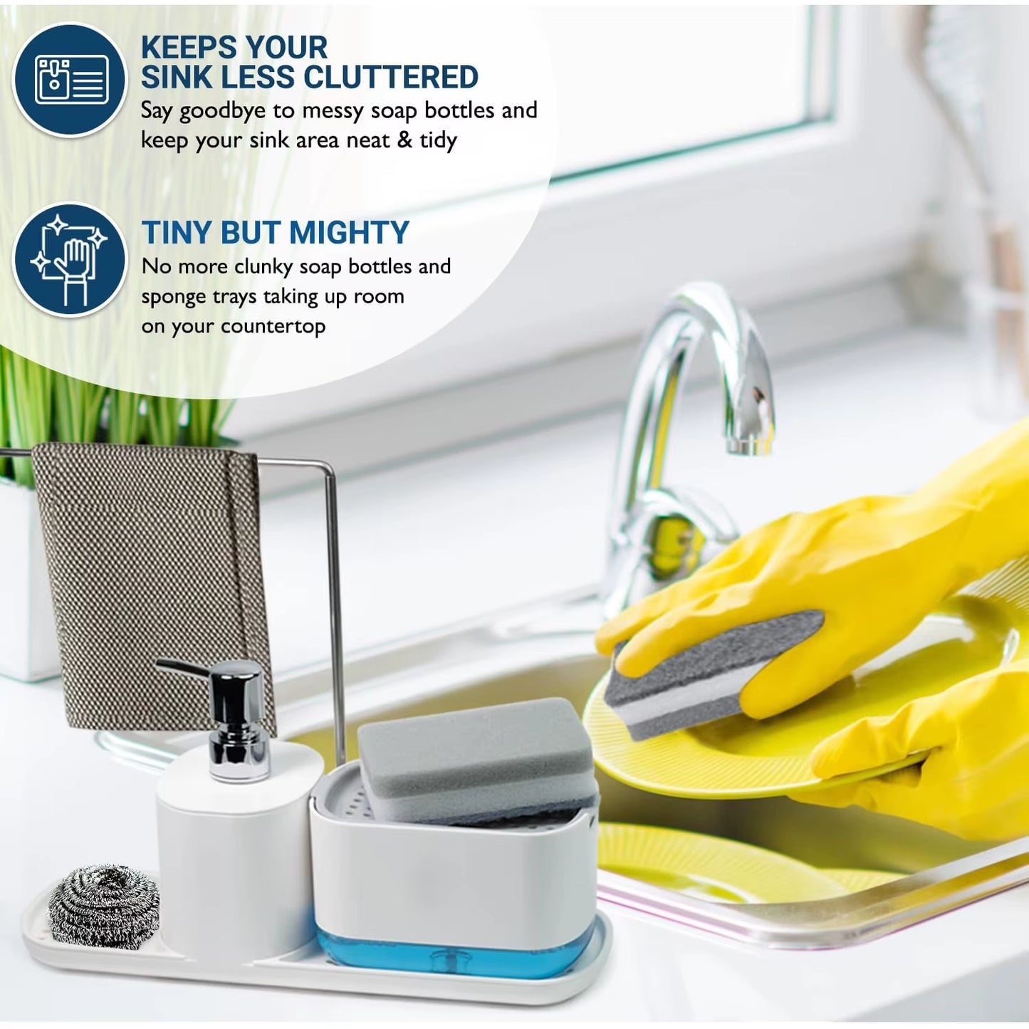 (Long Style B) 4-In-1 Dish and Hand Soap Dispenser - Convenient Kitchen Sink Organizer with Tray and Sponge Holder
