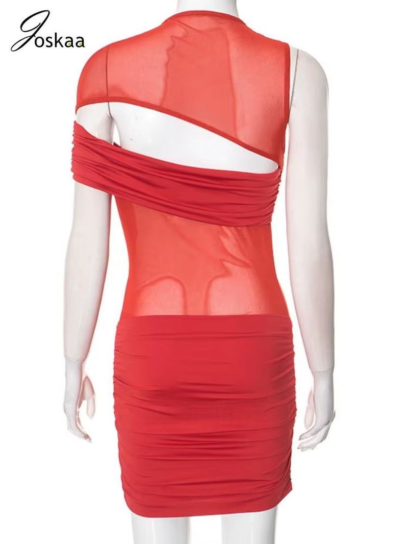 Sexy Hollow Out Mesh Patchwork Mini Dress Women See through O-Neck Ruched Body-Shaping Vestidos 2025 Midnight Clubwear