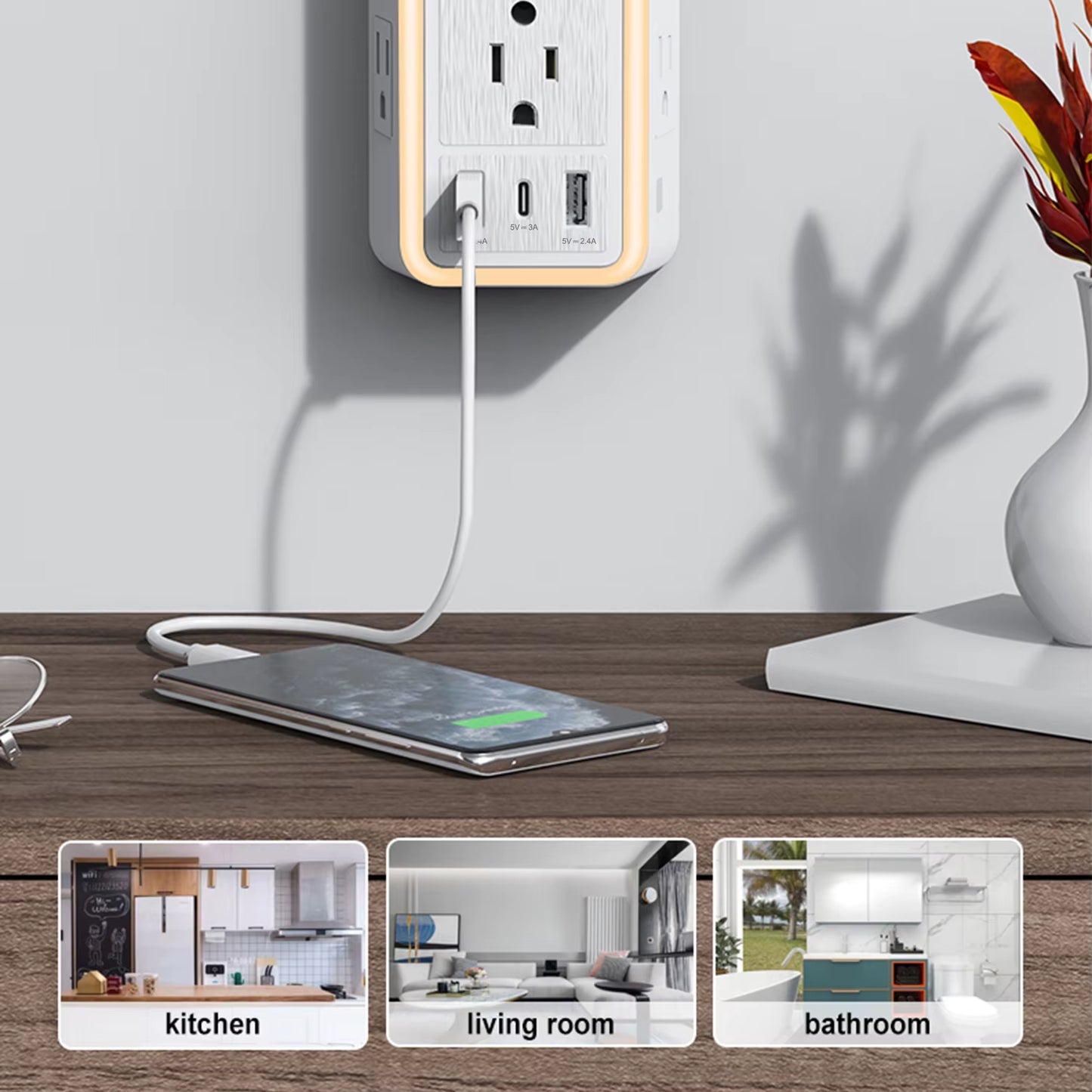 USB Wall Charger Surge Protector 6 Outlet Extender with 3 USB Charging Ports (1 USB C Outlet)And Night Light for Home, Office