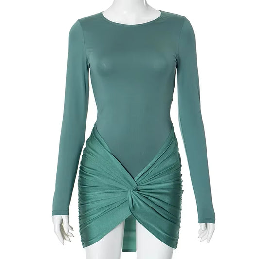 Women Full Sleeve O-Neck Ruched Bodycon Mini Dress 2024 Fall Sexy Night Club Street Party Evening Dresses Vestidos