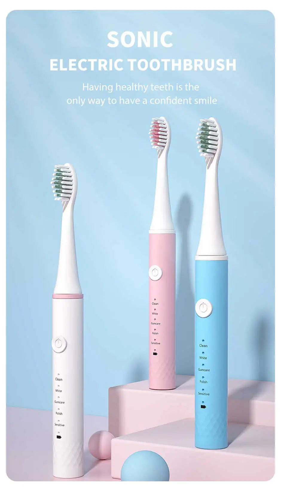 Jianpai Adult Blue Pink Sonic Electric Toothbrush Adult 5-gear Mode USB Charging IPX7 Waterproof Sonic Electric Toothbrush