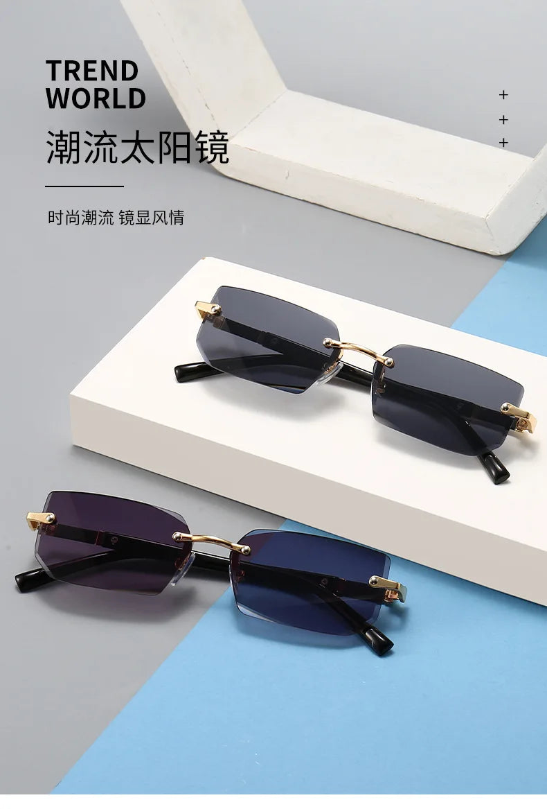 Rimless Rectangle Sunglasses – Trendy Small Square Shades for Men & Women