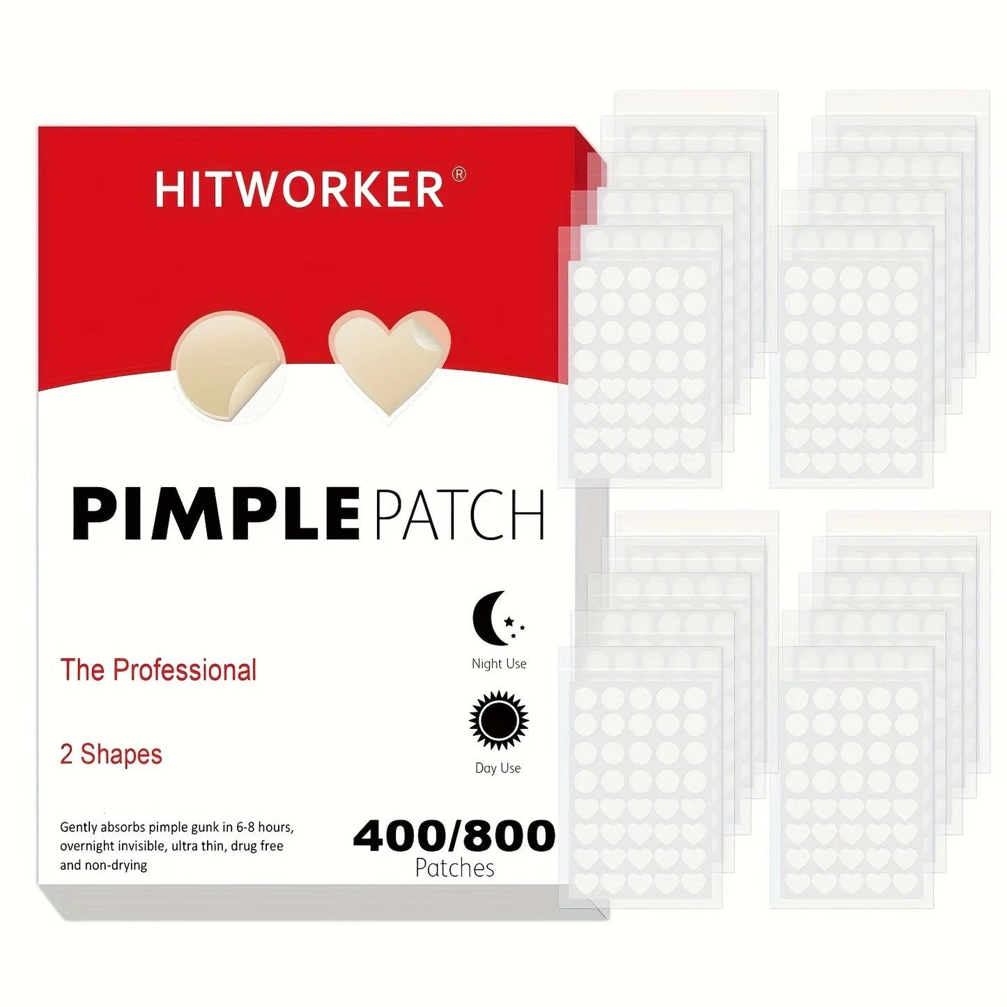 HITWORKER Hydrocolloid Acne Patches – 400/800pcs, Day & Night Use, Fragrance-Free
